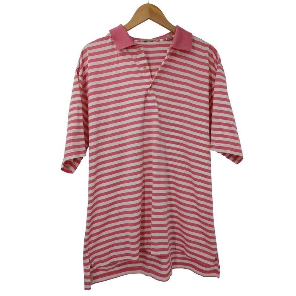 Peter Millar Polo Shirt Mens Large Pink White Stripe Golf Casual Short Sleeve,